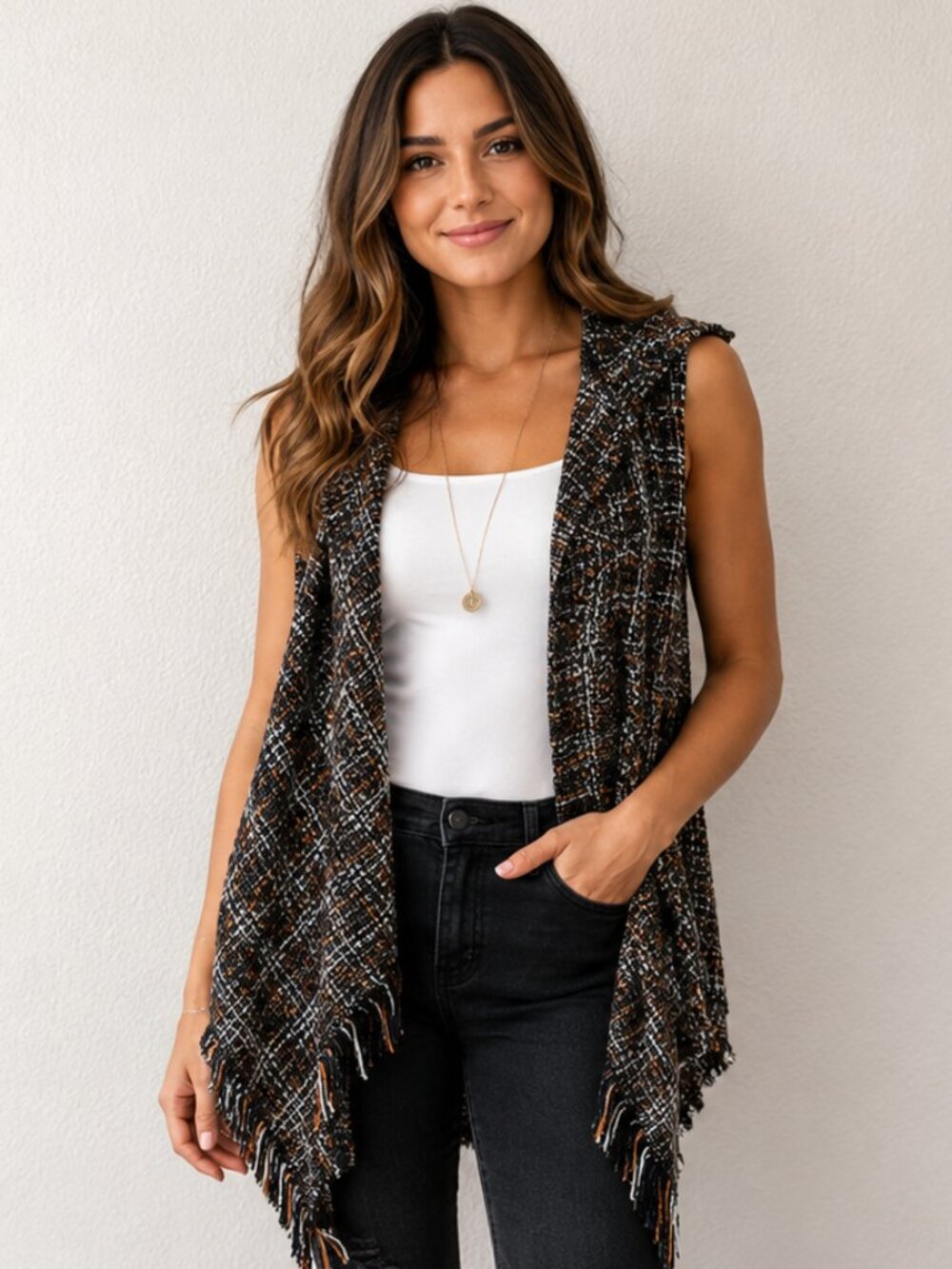 HYFVE Fringe Sleeveless Cardigan Vest Boho Open Front Textured Knit Festival